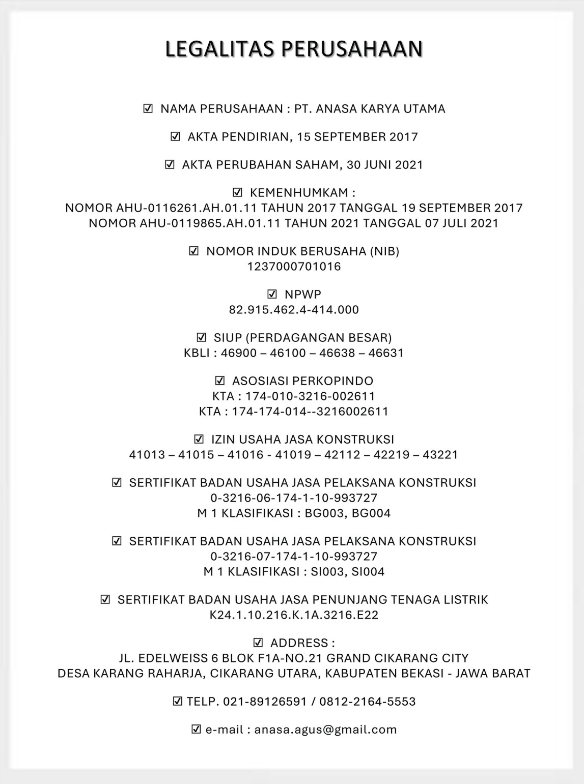 Legalitas ANASA KARYA